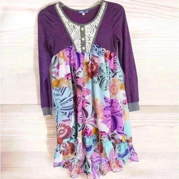 Truly Me Sara Sara Girls Floral Print Long Sleeve Chiffon Hi Low Dress 14 Purple - Picture 7 of 16